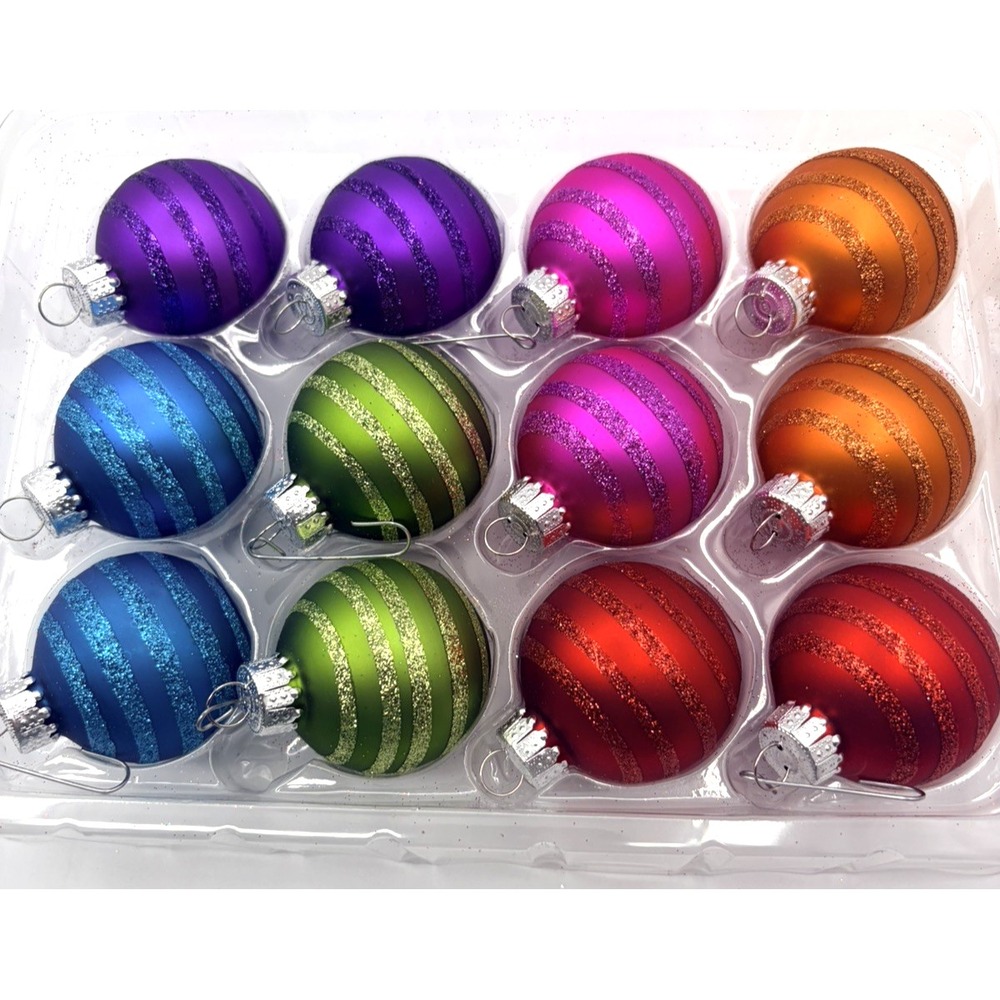 Solid Colored Glitter Striped 1.75" Glass Christmas Ornaments Box of 12 Target